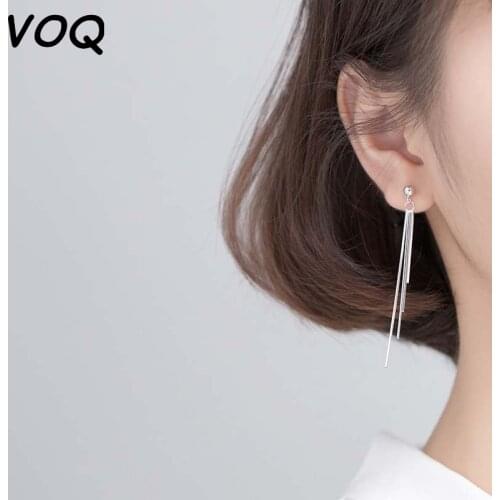 VOQ 925 Sterling Silver Simple Delicate Long Tassel Ear Chain Earrings for Women Gift Pendientes