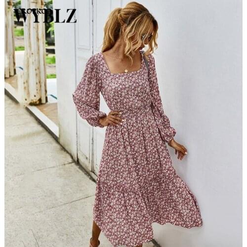 WYBLZ Women Long Dress Spring Autumn Long Sleeve Elegant Ladies Flower Square Collar Dresses Party 2021 Black Clothes For Woman
