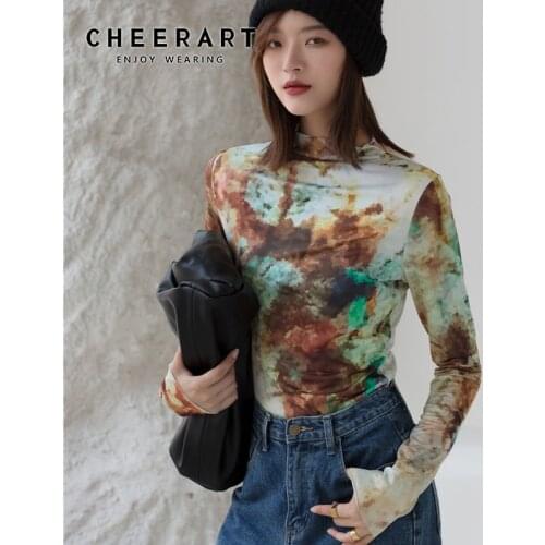 CHEERART Tie Dye Abstraction Print Long Sleeve Top Women Tshirt Turtleneck Bodycon T Shrit Fall 2020 Tee Alternative Fashion