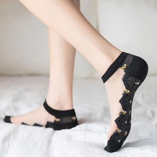 Women Girls Lace Ankle Socks Summer Ultrathin Floral Transparent Breathable Comfortable Elastic Cotton Socks Casual Boat Socks