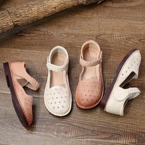 Tilocow 2020 Summer New Genuine Leather Women Flats Soft Bottom Zapatillas Mujer Comfortable Casual Wild Hollow Mary Jane Shoes