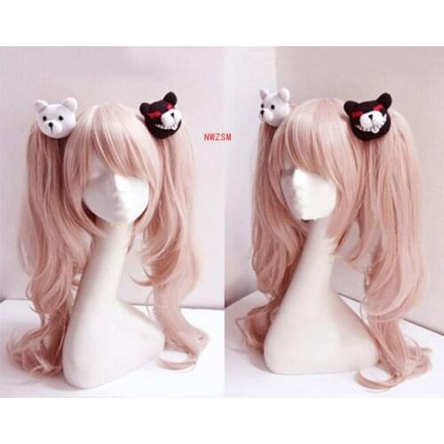 Dangan Ronpa Danganronpa Enoshima Junko Cosplay Wig Pink Long Wavy With Ponytail Clip Heat Resistant Cosplay Wig + Bear Hairpins