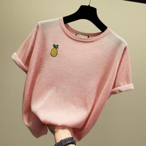 Summer Short sleeve Fashion O collar Embroidered pineapple sweater bottoming shirt womens Loose thin pullover