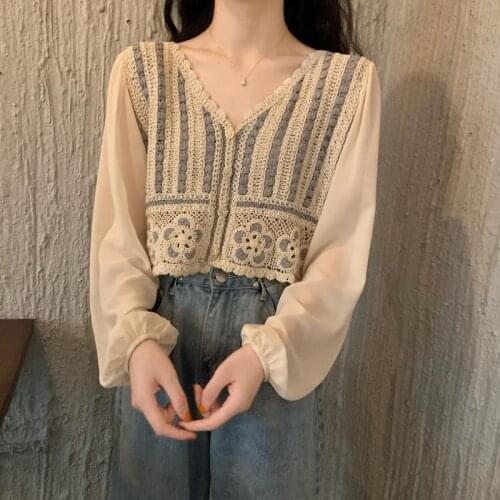 Plus Size Casual Loose Sexy Chiffon Blouses Women 2021 Autumn New Embroidery T-shirts Floral Crop Tops Retro Kawaii Clothes XXL