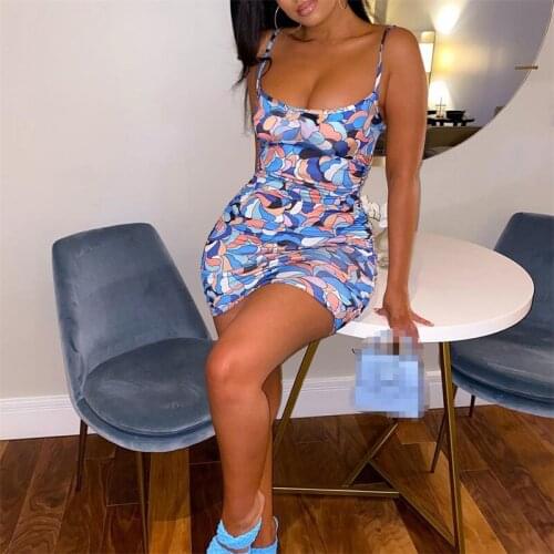 Womens Summer Bodycon Slim Mini Dress Sleeveless Spaghetti Strap Geometric Print Ruched Dress S/M/L/XL/2XL