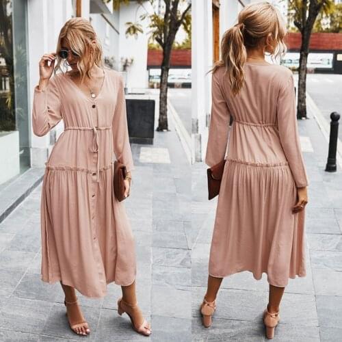 Women Autumn Long Sleeve Sexy V-Neck Midi Flowy Dress Buttons Drawstring High Waist Solid Color Ruffles Pleated Loose Streetwear