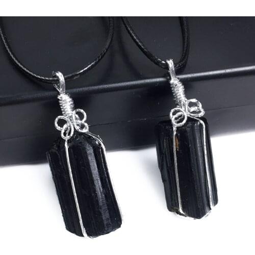 1pc Healing Mineral Natural Black Tourmaline Necklace Hand Wrapped Irregular Nuggets Black Quartz Pendant Necklace Women Male