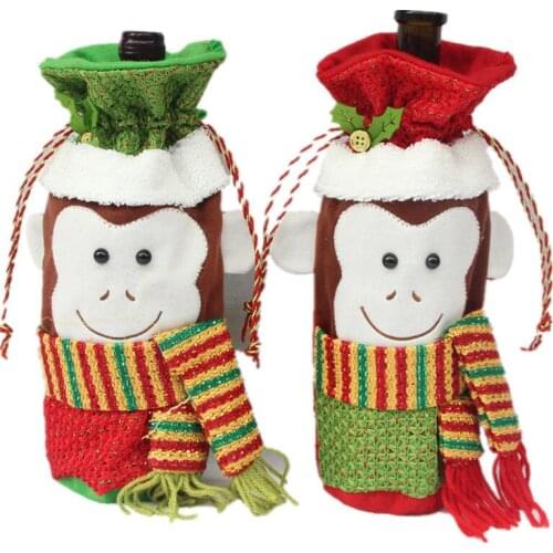 10 pieces/lot) Cute Christmas Cartoon Monkey Red Wine Bottle Cover Bags For Home Decoration Table Dinner Ornaments C015