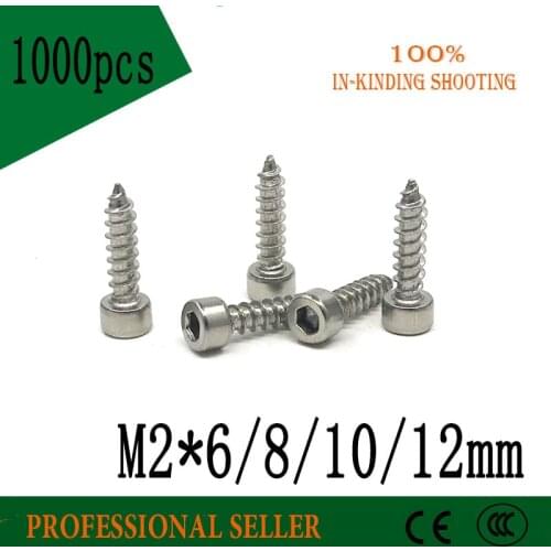1000pcs Free shipping M2 *6/8/10/12 mm 304 stainless steel Hexagon Socket Cap Head self tapping screw Model Screws
