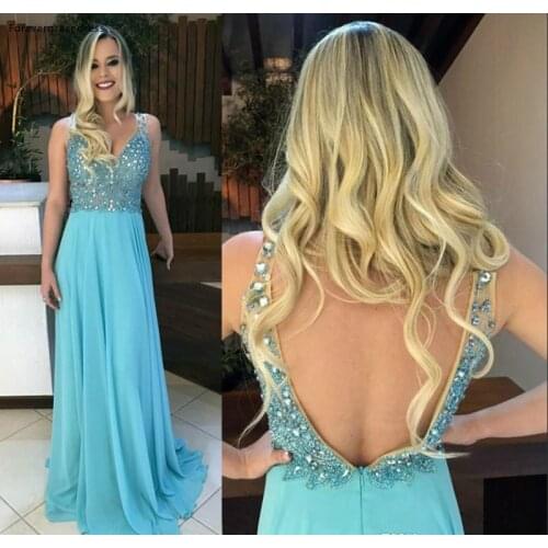 2019 Cheap Light Sky Blue Prom Dress A Line V Neck Celebrity Formal Holiday Wear Party Gown Custom Made Plus Size