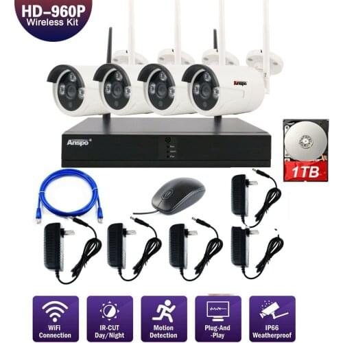 Anspo 4CH Wifi NVR 960P HD Outdoor Wireless Security Camera System with 1TB HDD