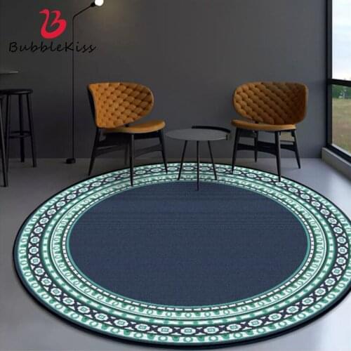 Rugs for Children Rooms Nordic Green Edge Dark Blue Round Carpet Area Rugs for Home Living Room Hand Wash 100% Polyester