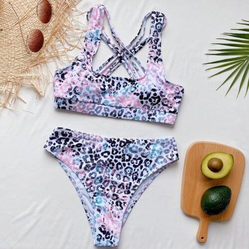Sexy Leopard Print Bikini Women Hollow Out Bandage Corss Two Piece Swimsuit Tie Dye Gradient Bathing Suit High Waist Swimwear