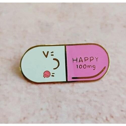 Cartoon Happy 100 Mg Medicine Capsule Pill Enamel Brooch Pin Backpack Hat Bag Lapel Pins Badges Fashion Jewelry Accessories