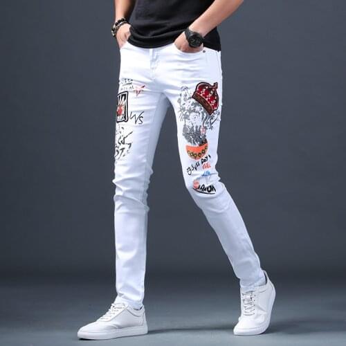 Men Embroidered Printed Jeans Fashion White Cotton Stretch Denim Streetwear Straight Slim Fit Pants