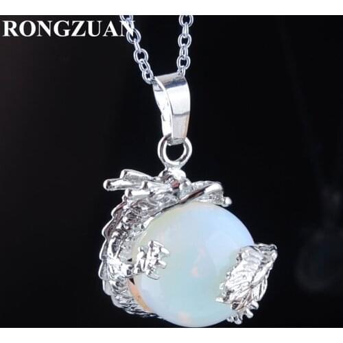 Dragon Animal charm pendant Natural Stone Opal Round Ball 16mm Bead Silvers Chain Necklace 18 inches Jewelry Gift TN3131