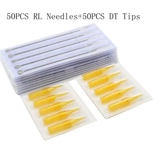 Disposable 50pcs 3RL 5RL 7RL 9RL 11RL 14RL Tattoo needles +50pcs 3DT 5DT 7DT 8DT 11DT 14DT yellow Tattoo tips kit