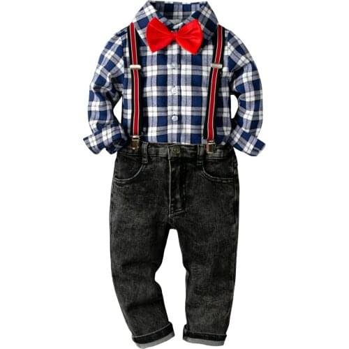Oklady Baby Boys Clothing Sets Gentleman Childrens Long Royal Blue Plaid Bow Tie Cotton Shirts Overalls Pants Kids Clothes