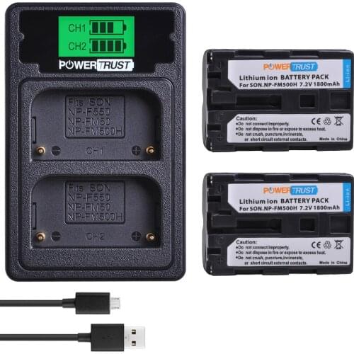 Powertrust 2PCS NP-FM500H Camera Battery+LCD USB Dual Charger with Type C Port for Sony A200 A200K A200W A300 A350 A450 a580