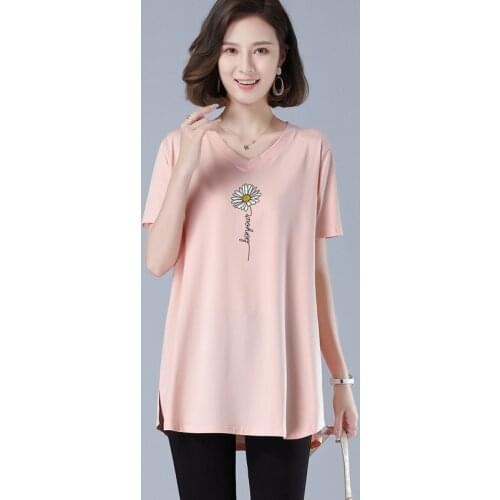 Size M-4XL Women V-Neck T-shirt Summer 2021 New Women Tees Tops Casual Fashion Daisy Print Loose Short Sleeve T-shirt