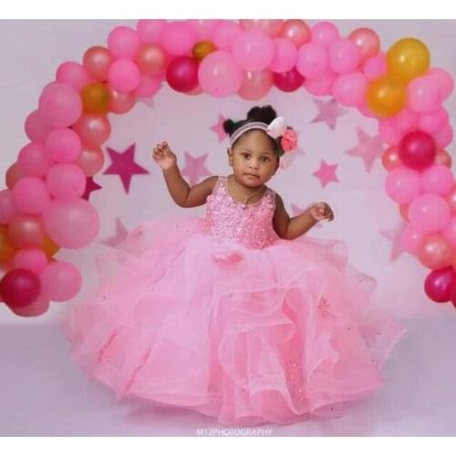 First Birthday Pink Baby Dress Girls Fancy Birthday Dress Sleeveless Party Birthday Baptism Puffy Dress Gowns Custom