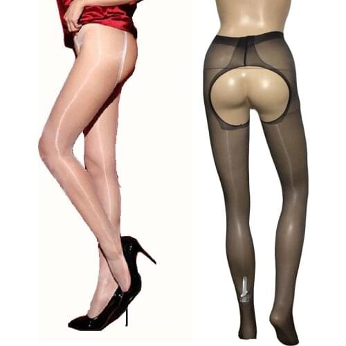 Sexy Women Oil Shiny Open Butt Pantyhose Glossy Crotchless Nylon Tights Erotic See-through Lingerie