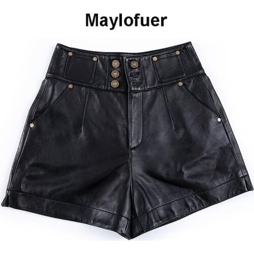 Genuine Sheepskin Leather High Waist Wide Leg Biker Shorts Autumn Real Leather Shorts Women Femme Casual Ladies Short Black