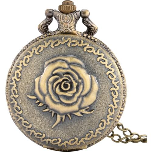Vintage Rose Flower Case Pattern Brass Pocket Chain Watch Classic Quartz Arabic Numerals Dial Portable Pendant Clock Souvenir