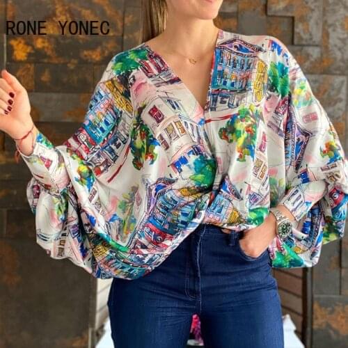 Women Chic Casual Graphic V neck Puff Batwing Sleeves Spring Loose Blouse Tops