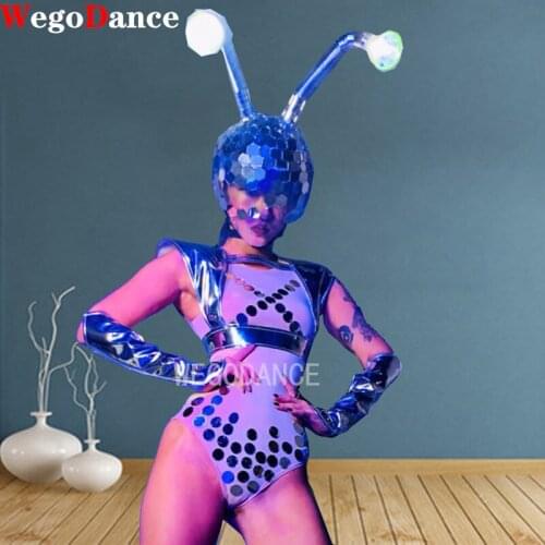 Women Bar Pole Dance Clothing Nightclub Stage Costumes Jazz Dancer Sexy Bodysuit Electric Light Helmet