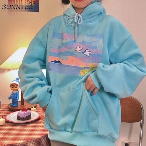 Women with Hat Hoodies Print Student Plus Velvet Warm Sweet Lovely Leisure All-match Stylish Loose Chic Ladies Sweatshirts Ins