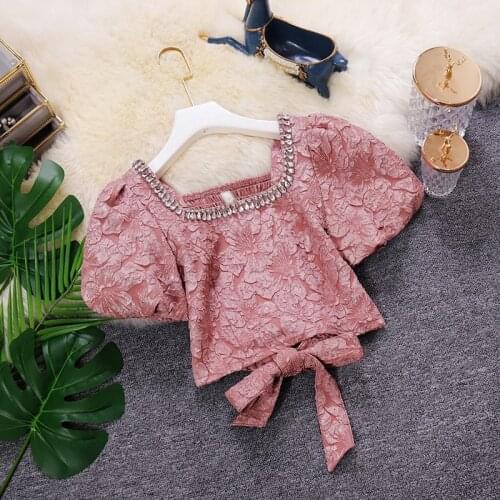 Woman Blouses 2021 Summer New Korean Ins Jacquard Fashion Diamond Studded Square Neck Bow Tie Puff Sleeve Short Female Top Tide
