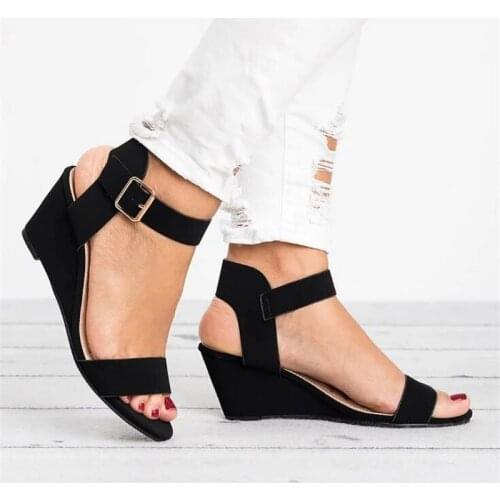 Womens Wedge High Heel Sandals Summer 2020 New Buckle Fish Mouth Womens Flat Sandals Big Size 34-43 Roman Shoes Ladies