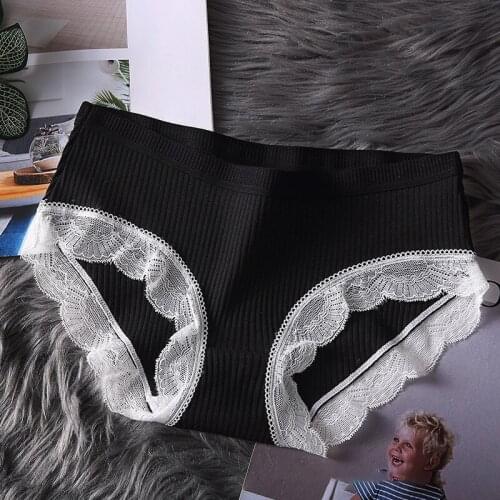 Womens underwear antibacterial cotton crotch mid waist sexy lace edge lift hip big size breathable briefs 284