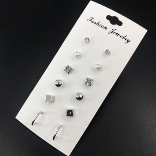 2020 6Pairs/set New Flower Zircon Earrings Set for Women Simulated Pearl Piercing Geometric Star Ball Stud Earring