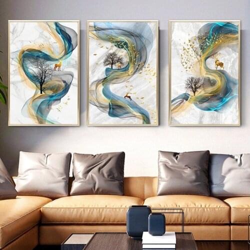 Abstract Nordic Golden Deer Luxury Posters Canvas Painting Marbling Ribbon Pictures Wall Art Prints for Living Room Home Decor