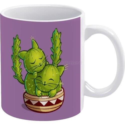 Cat-tus Love to Cuddle White Mug 11oz Ceramic Tea Cup Coffee Mug Friends Birthday Gift Cactus Cacti 2d Cartoon Plant Family Cact