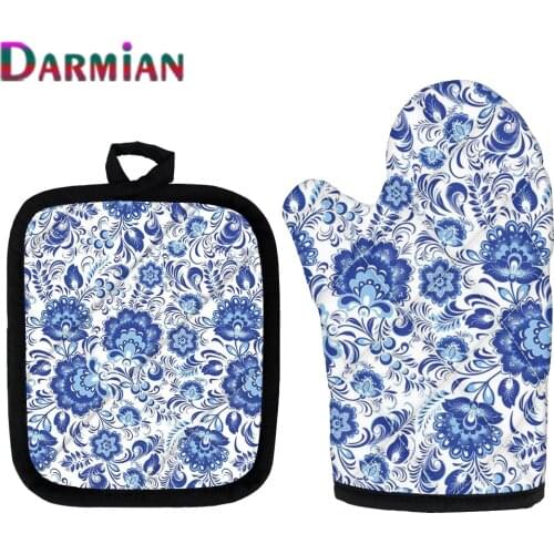 DARMIAN New Portable 2Pcs Russian Traditional Hohloma Prints Microwave Oven Mitten Kitchen Potholder Mat BBQ Insulating Gloves