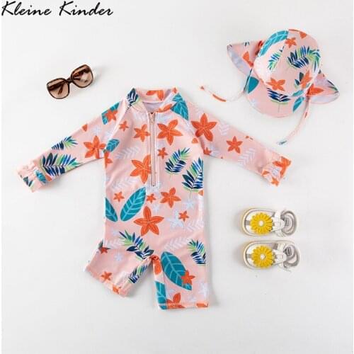 Childrens Swimsuit UV Protection Long Sleeves Baby Girl Swimwear Flral Print One Piece Bathing Suit with Sun Cap Beach Clothes