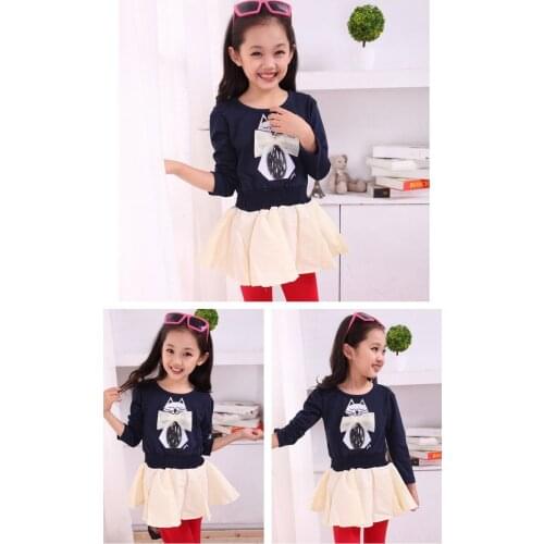 3-10Y Kids Dress For Girls Long Cartoon Cat Printed Teenage Girls Party Dress Spring Autumn Children Clothes girl Splice dresses