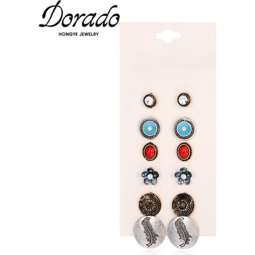 Dorado 6pcs/set Vintage Blue Stone Round Flower Shaped Geometric Stud Earrings For Women 2020 Fashion Jewelry For Women Bijoux