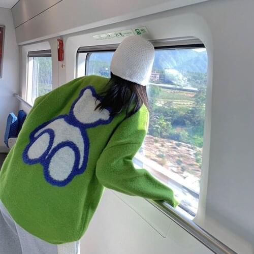 Korean Fashion Jumper Women 2020 Winter Cute Teddy Bear Embroidery Long Sleeve Knitted Sweater Casual Oversized Pullover T567