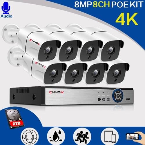 4K Ultra HD CCTV Camera Kits 8MP 8ch Video Surveillance System H.265 Outdoor Audio Record Face Detection POE IP Camera NVR Set