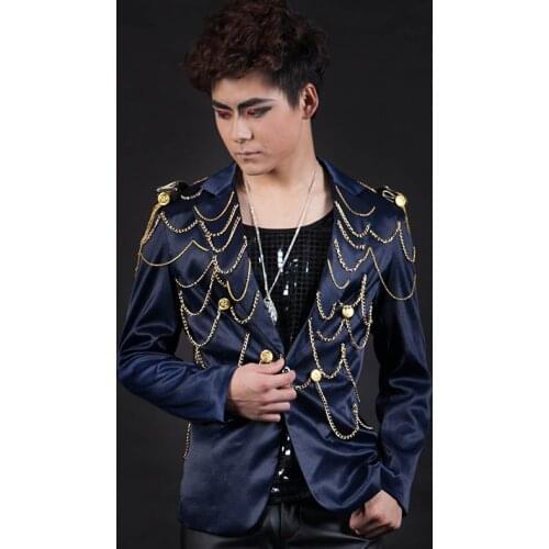 Hip Hop Jazz Dance Costumes for Men Military Chain Blazer Nightclub Singer Stage Wear Modern Dance Clothing Rave Outfits XS1719