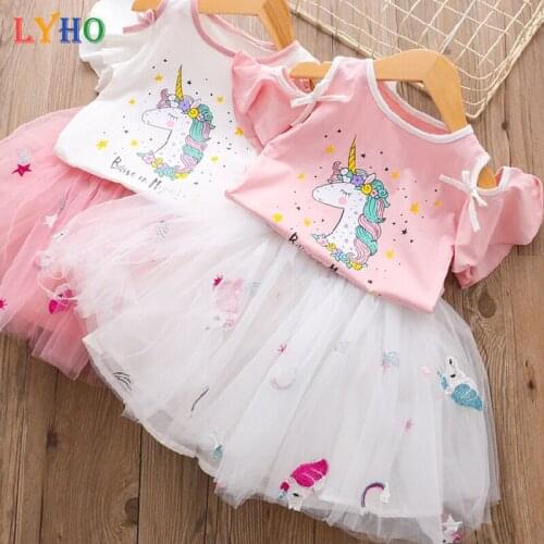 Summer Unicorn Dresses for Girls Size 3-7 Clothing Short Sleeve Lace Puffy Skirt Pink Princess Dress Kids Clothes Baby Outfits