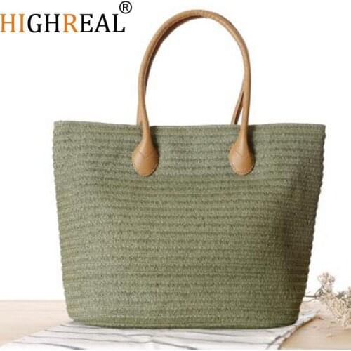 HIGHREAL Hot New Design Straw Popular Summer Style Weave Woven Shoulder Tote Beach Bag Purse Handbag Shopping Bag Gift