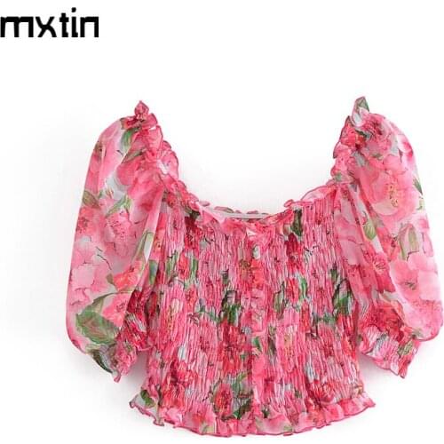 MXTIN 2021 Women Vintage Floral Print Chiffon Cropped Blouses Fashion Summer Puff Sleeve Female Shirts Blusas Cute Tops