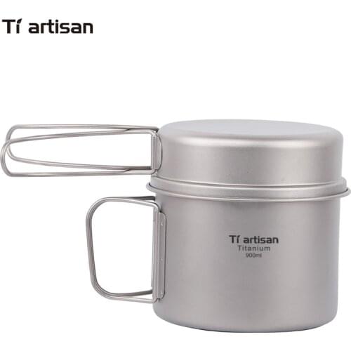 Tiartisan Camping Cookware Set 900ml Ultralight Titanium pot set Titanium Mug Cup and Fry Pan with Foldable Handle