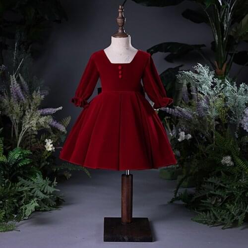 Sweet red velvet long sleeve Girl Princess For Wedding Red Formal Birthday Party Dinner Dress Gown Kids First Communion Gown