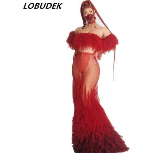 Sexy Red Tassel Mesh Perspective Party Evening Floor-length Long Dress Women Wedding Birthday Celebrate Prom Mermaid Stage Wear